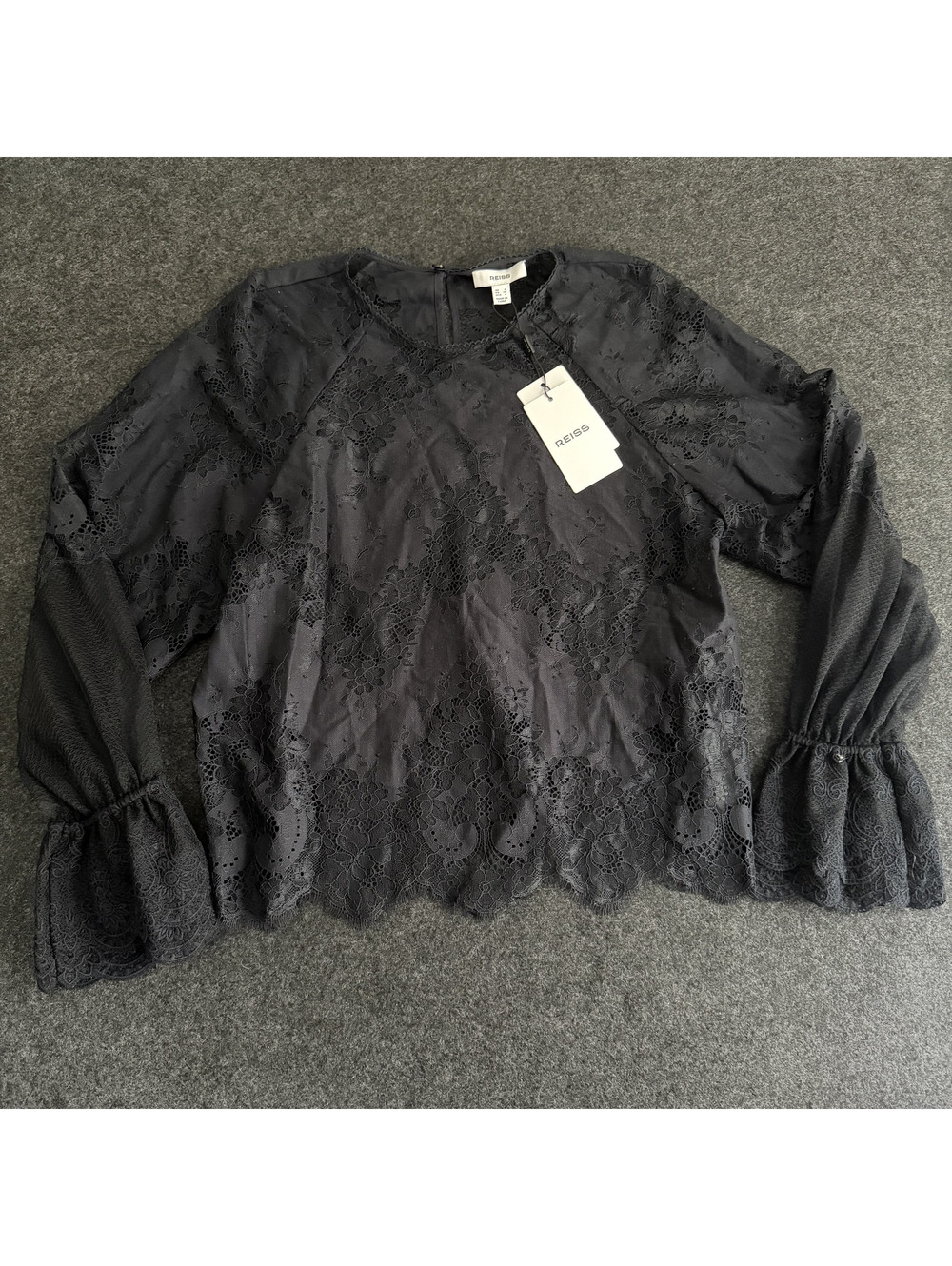 NWT Reiss Lace "Emilia" Navy Bell Sleeve Blouse Top Size 4 Cottage Feminine